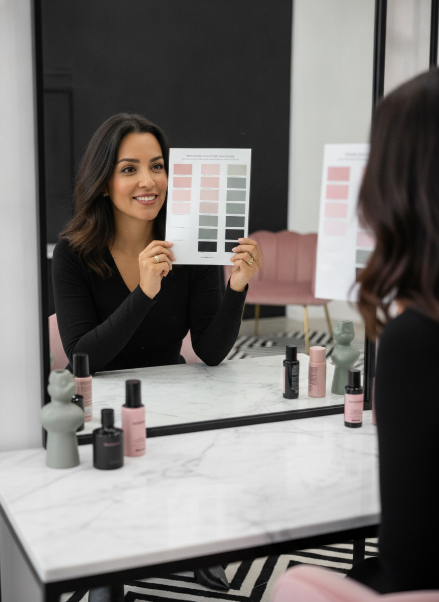 Mujer comparando su paleta de colores frente al espejo con un atlas impreso